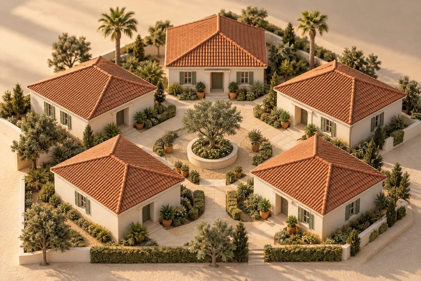 Architectural miniature of five homes around a landscaped courtyard